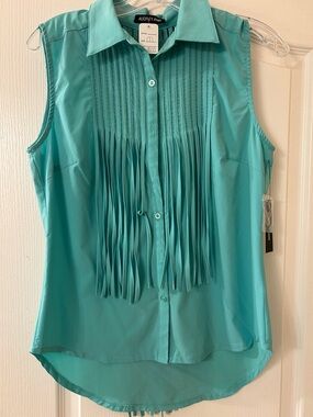 Audrey Ann Mint Sleeveless Fringe Button-Down Shirt